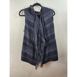 Jolt Womens S Black Gray Striped Sleeveless Fringed Hooded Wool Blend Poncho